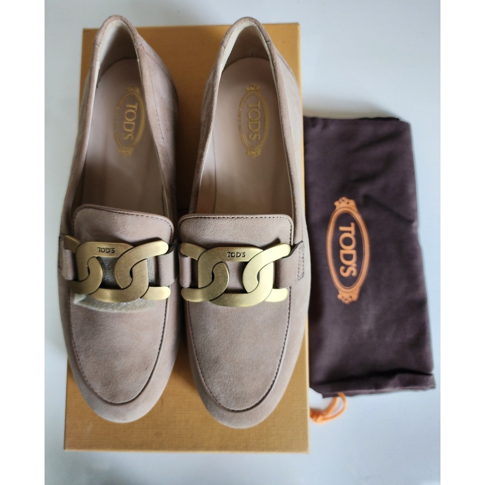Tod's Kate Loafers Cappuccino Suede Gold Chain Flats XXW79A0DD00D8WC806 35.5 NIB